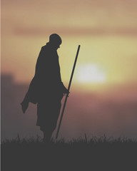 Sticker - An Asian Monk Holding The Club Under The Sunset 