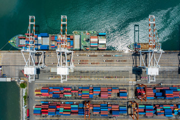 aerial top view containers terminal and shipping loading containers