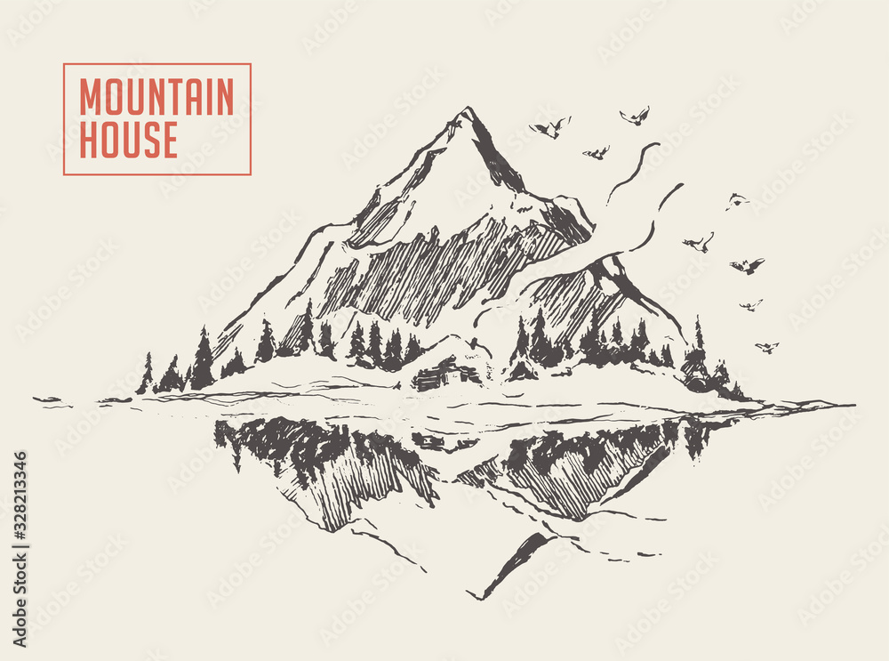 Beautiful cozy house lake mountain vector sketch - obrazy, fototapety, plakaty 