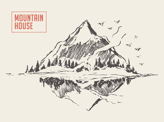 Beautiful cozy house lake mountain vector sketch