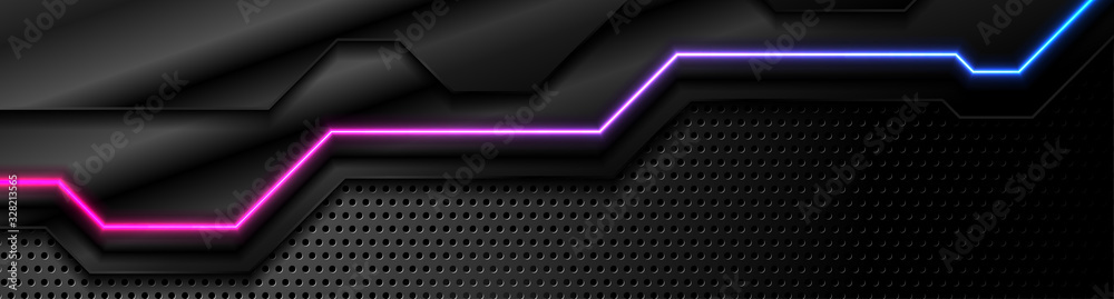 Futuristic perforated technology abstract background with blue purple neon glowing line. Vector banner design - obrazy, fototapety, plakaty 