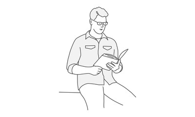 Poster - Man with glasses reads. Hand drawn vector illustration.