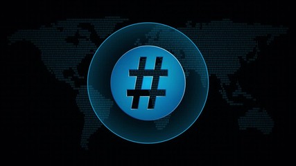 Sticker - Hashtag icon in global map with waves. Technology keyword symbol in digital background. Loop video animation.	