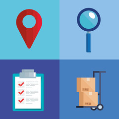 Sticker - gps mark lupe list document and boxes over cart vector design