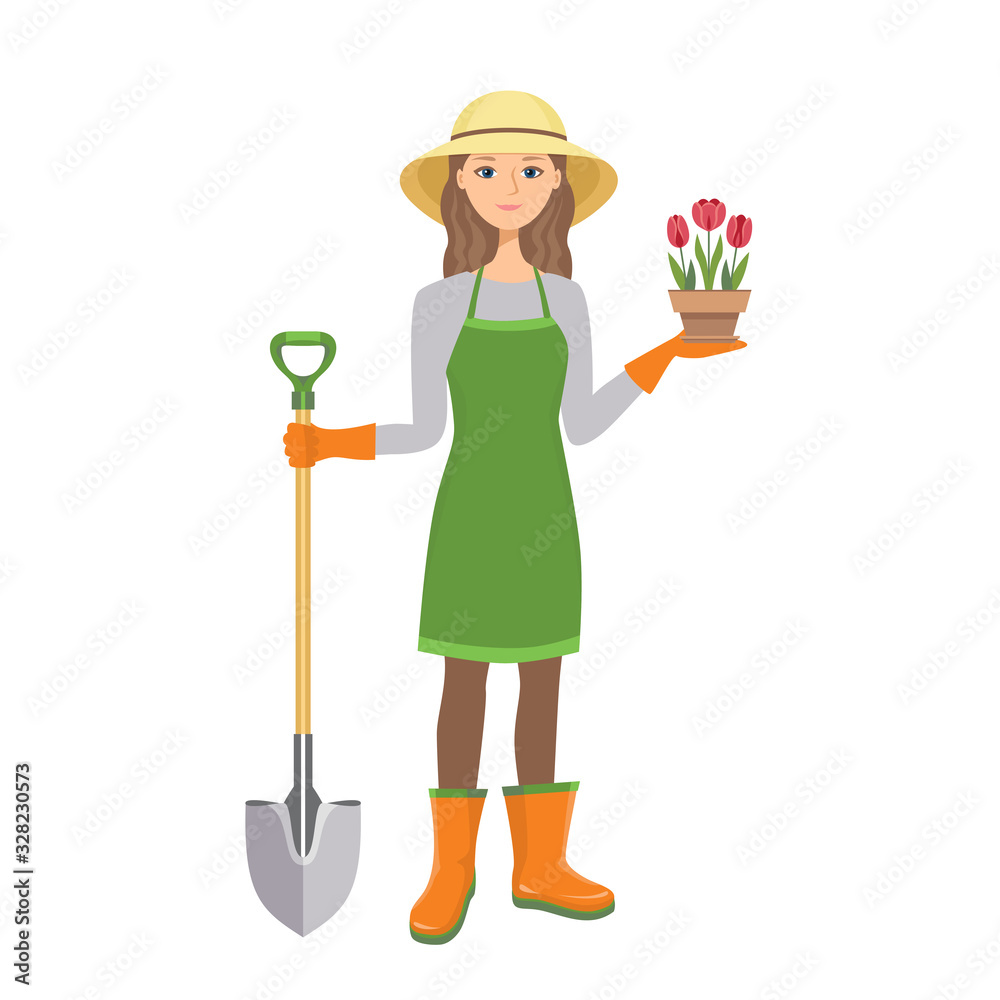Woman gardener isolated on white background. Young beautiful girl in rubber  boots, apron, gloves and gardener hat holds shovel and flower tulip in pot.  Vector illustration in cartoon flat style. Stock Vector |, image size:1000x1000