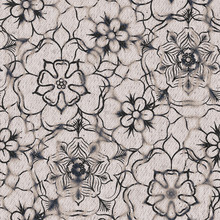 Seaumless Neutral Worn Faded Western White Denim Jean Texture With Tudor Rose Floral Pattern Overlay. Intricate Mottled Grungy Seamless Repeat Raster Jpg Pattern Swatch.