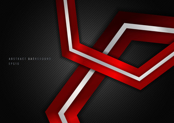 Poster - abstract red metalic geometric hexagon with silver line metal overlapping layer on black background.