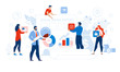 © TeraVector - Social Media Report Management and Optimization. Tiny People Auditor, Analytics, Accountant Team with Tool for Checkup, Network Icon. Statistic Result in Chart Graph on Computer Monitor Illustration