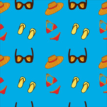 Summer Seamless Pattern Beachwear, Brown Sunglasses, Orange Striped Hat, Red Swimsuit And Yellow Flip-flops, яblue Background, Vector Illustration