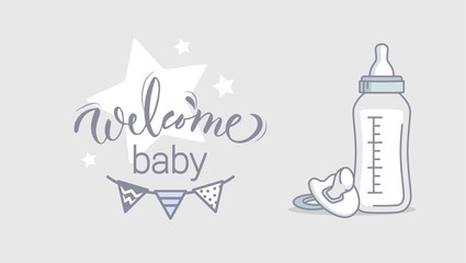 Wall Mural - Baby Shower Blue Background. Baby Arrival Cartoon Vector Illustration