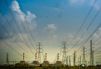 Electricity pylons and high-voltage power lines , the background of beautiful sky, Electrical Power Grid.