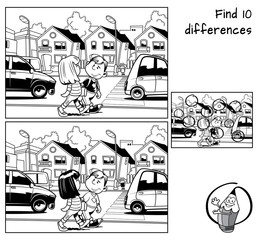 Wall Mural - City street. Find 10 differences. Educational matching game for children. Black and white cartoon vector illustration