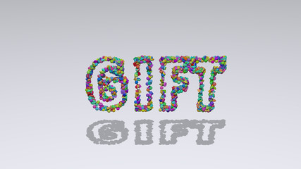 Colorful 3D writting of Gift text with small objects over a white background and matching shadow