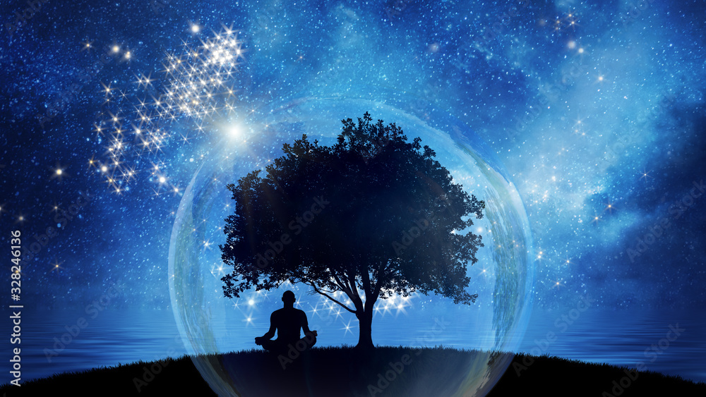 Yoga cosmic space meditation illustration, silhouette of man practicing outdoors at night - obrazy, fototapety, plakaty 