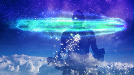 Wall Mural - yoga cosmic space meditation illustration, silhouette of man practicing outdoors at night