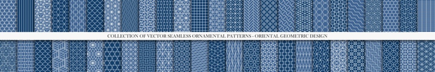Collection of seamless geometric ornamental vector patterns. Tile oriental backgrounds. Trendy blue design