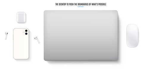Poster - smartphone, laptop, mouse, headphones top view isolated on white background. flat lay detailed and realistic mockup. stock vector illustration