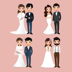 Set of characters cute bride and groom.Wedding invitations card.Vector illustration in couple cartoon in love