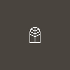 white sign on a black background. simple vector geometric line art iconic sign of tree branches or windows in an arch-like frame