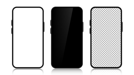 Poster - Three realistic smartphone mockup set. Mobile phone blank, white, transparent screen design on white background. Black frame. Vector illustration.