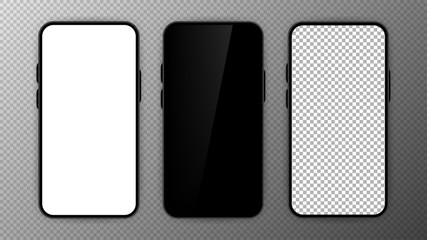 Aufkleber - Three realistic smartphone mockup set. Mobile phone blank, white, transparent screen design on transparent background. Black frame. Vector illustration.