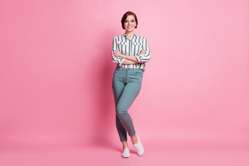 Wall Mural - Full size photo of positive satisfied pretty worker girl cross hands ready work decide decisions wear trend clothes isolated over pink color background