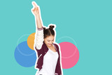 people and party concept - magazine style collage of happy smiling teenage girl dancing and pointing finger up over colorful background