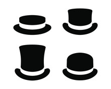 Hats Graphic Icons Set. Boater Hat, Top Hats And Bowler Hat Black Signs Isolated On White Background. Vector Illustration