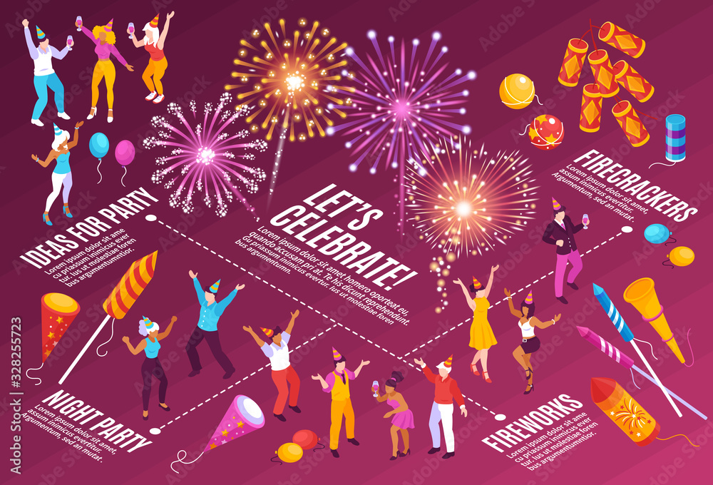 Firework Night Graphs Firework Isometric Infographic Flowchart Stock Vector | Adobe Stock
