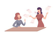 Female Boss Threatening And Yelling To Female Office Worker, Frightened Employee Shocked By Furious Manager, Stressful Working Environment Flat Vector Illustration