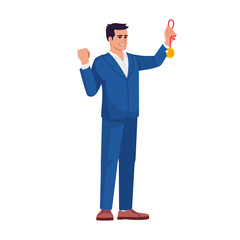 Sticker - Praising best company worker semi flat RGB color vector illustration. Top manager proud with golden medal isolated cartoon character on white background. Staff skills and competencies recognition