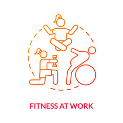 Wall Mural - Fitness at work red concept icon. Meditate and strech. Woman exercising at work. Physical pain relief. Prevent burnout idea thin line illustration. Vector isolated outline RGB color drawing