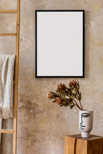 Modern Composition Of Living Room Interior With Black Mock Up Poster Frame, Wooden Cube, Flowers In Vase, Ladder And Elegant Personal Accessories. Stylish Home Decor. Grunge Wall. Wabi Sabi. Template.