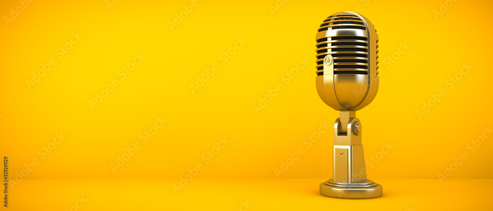 gold microphone on yellow background - obrazy, fototapety, plakaty 
