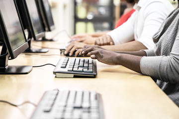 Wall Mural - interracial group of students working in computer class. row of man and women in casual sitting at t