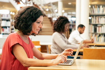 Wall Mural - serious focused middle aged woman working on research in public library. adult students sitting at d