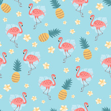 Flamingo Seamless Pattern Tropical Print Cute Pineapple Flowers On Summer Blue Background Vector