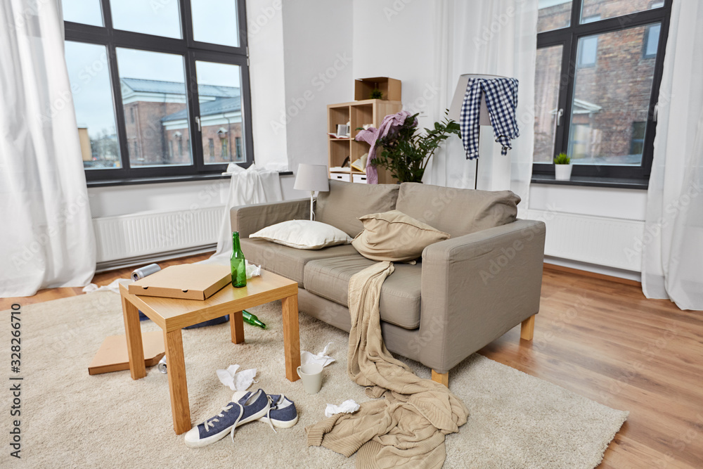Mess Sample mess, disorder and interior concept - view of messy home living room ...