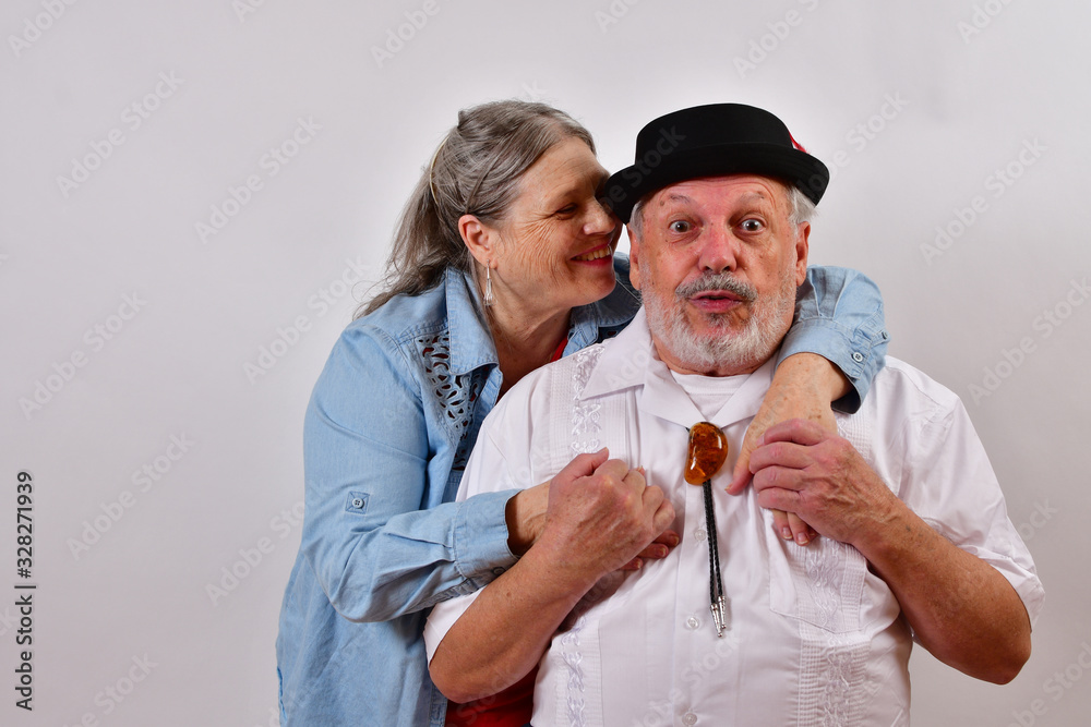 Happily married couple .Deliriously happy old man with his wife of 40 ...