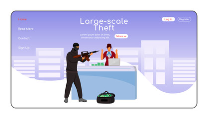 Poster - Large scale theft landing page flat color vector template. Armed robbery. Man pointing machine gun at employee. Homepage layout. One page website interface with cartoon character. Web banner, webpage