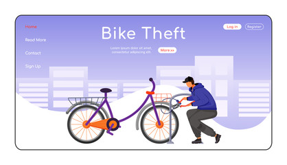 Poster - Bike theft landing page flat color vector template. Man stealing property. Thief cutting cycle lock. Homepage layout. One page website interface with cartoon character. Web banner, webpage