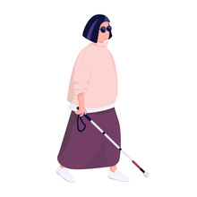 Blind Woman With Walking Stick Flat Color Vector Faceless Character. Middle Aged Male Person With Eyesight Disability Isolated Cartoon Illustration For Web Graphic Design And Animation