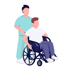 Poster - Hospital patient in wheelchair flat color vector faceless character. Male with disability sitting in medical equipment isolated cartoon illustration for web graphic design and animation