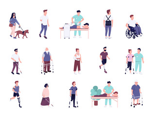 Canvas Print - Injured people with disability activities flat color vector faceless characters set. Man and women with physical traumas rehabilitation isolated cartoon illustrations on white background