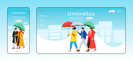 Poster - Umbrellas landing page flat color vector template. Mobile display. People in raincoats homepage layout. Rainy weather one page website interface, cartoon character. Walking crowd web banner, webpage