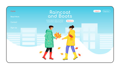 Poster - Raincoat and boots landing page flat color vector template. Rainwear homepage layout. Autumn nature. Male with leaves one page website interface, cartoon character. Rainy day web banner, webpage