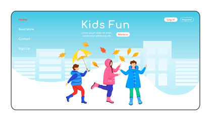 Poster - Kids fun landing page flat color vector template. Children in raincoats homepage layout. Playing kids one page website interface with cartoon character. Wet weather web banner, webpage