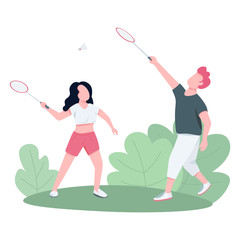 Poster - Couple playing badminton outdoors flat color vector faceless characters. Friends, siblings enjoy open air game, active rest isolated cartoon illustration for web graphic design and animation