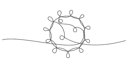 COVID-19 continuous line symbol. Concept Coronavirus, virus silhouette, corona virus inscription one single line on a white background, line drawing, vector illustration.