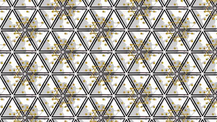 Poster - Abstract 3D background with fantasy luxury pattern of black and white triangular polygons and golden spheres. 3D illustration